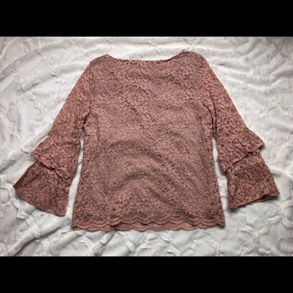 Liz Claiborne Blush Pink Lace Bell Sleeve Blouse size MT - Picture 11 of 11